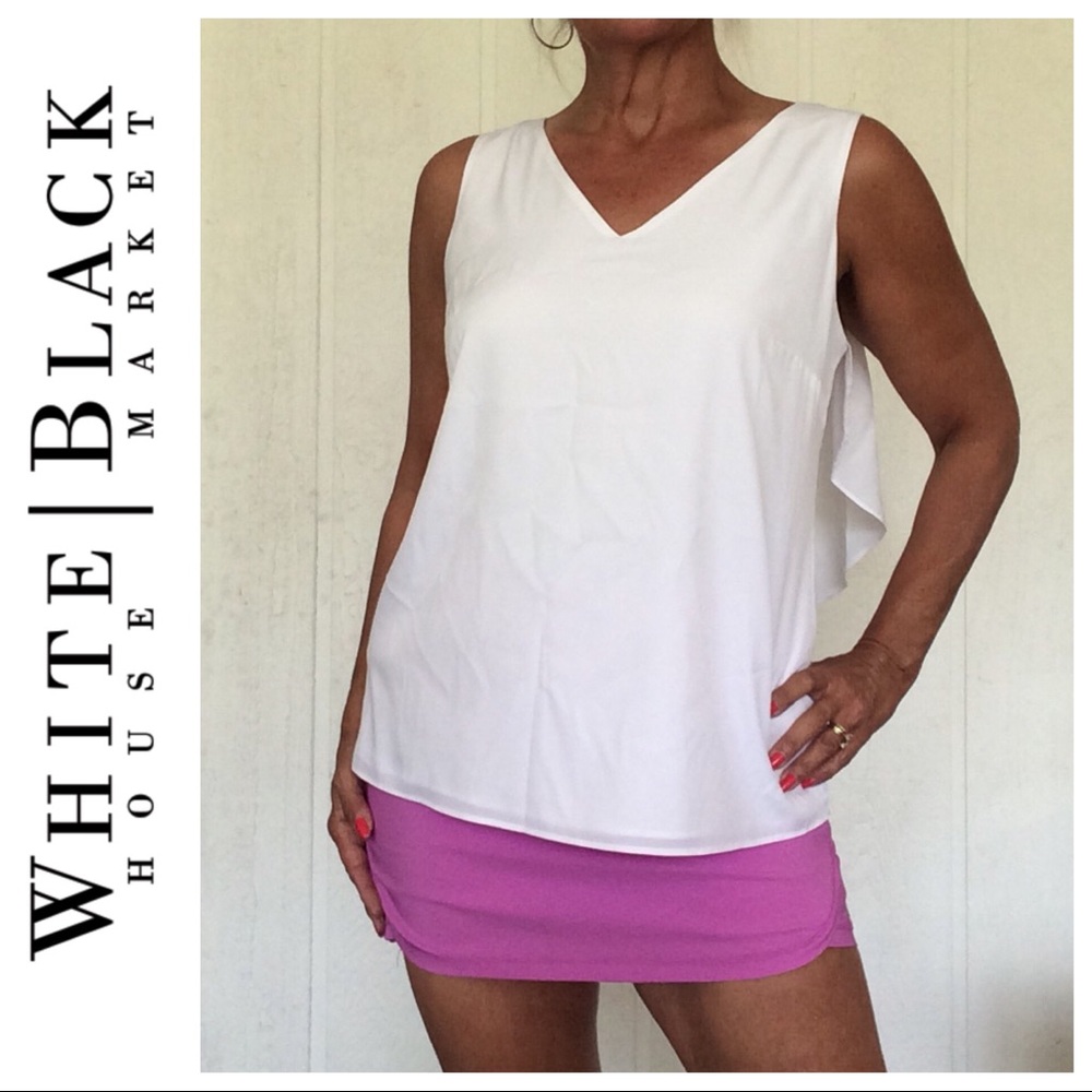 WHITE HOUSE BLACK MARKET V NECK WHITE SLEEVELESS TOP SIZE SMALL